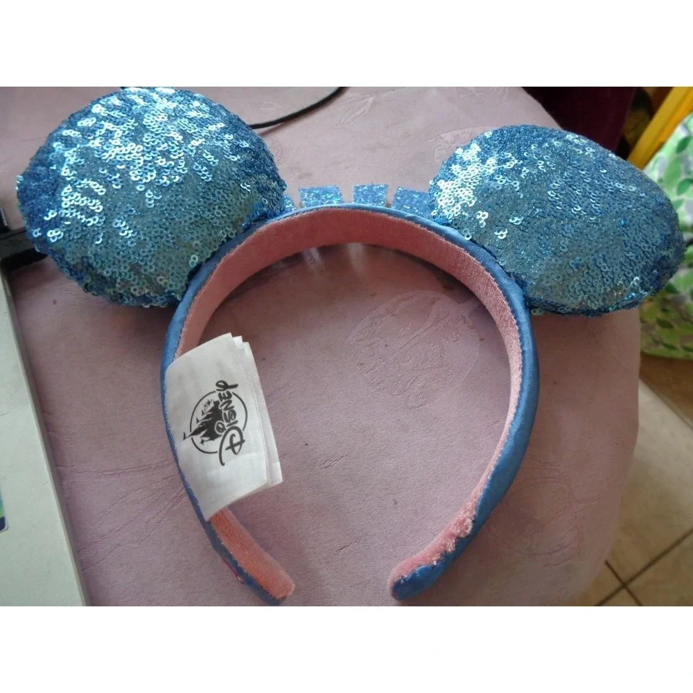 Disney Mickey Minnie Mouse Ears Sequin Disneyland Blue Happiest Place Headband